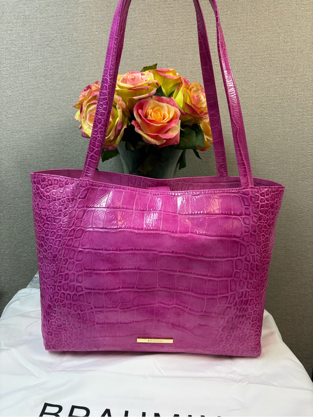 Brahmin Pink Alba Croc Embossed Leather Mona Tote Bag - Nwt $345 Retail